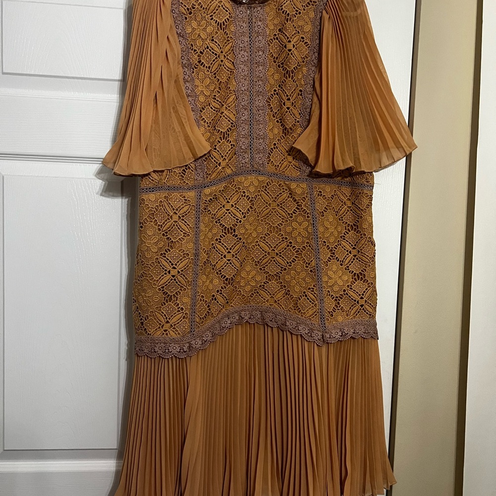 ASOS Pleated Lace Overlay Midi Dress in Caramel - Picture 2 of 5